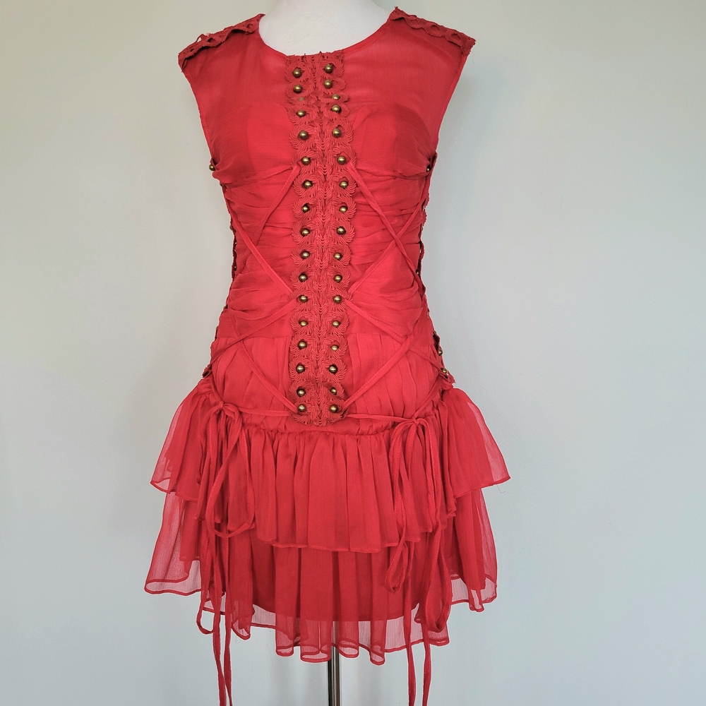 NWT Red Sleeveless Crew Neck Ruffled Corset Tiered Cocktail Mini Dress Sz Small
